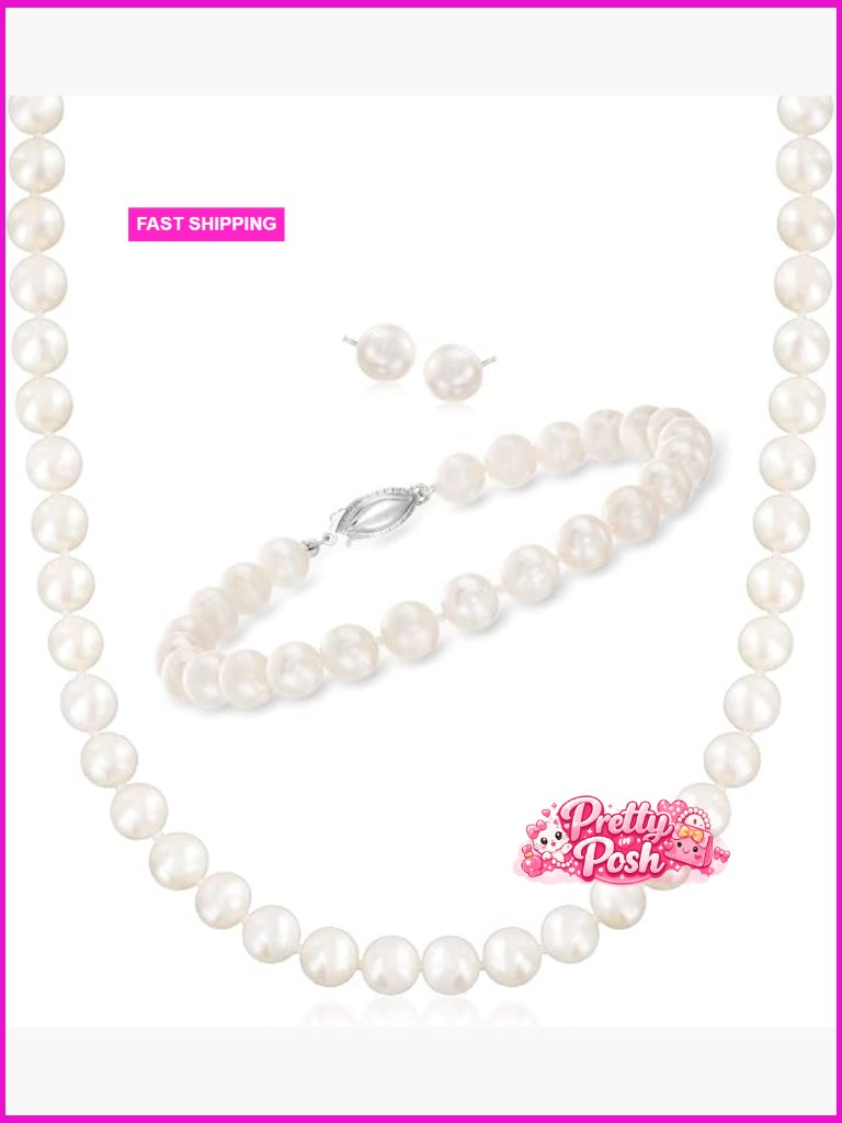 Cultured Pearl Necklace Bracelet Earring Set Sterling Silver 7-7.5mm